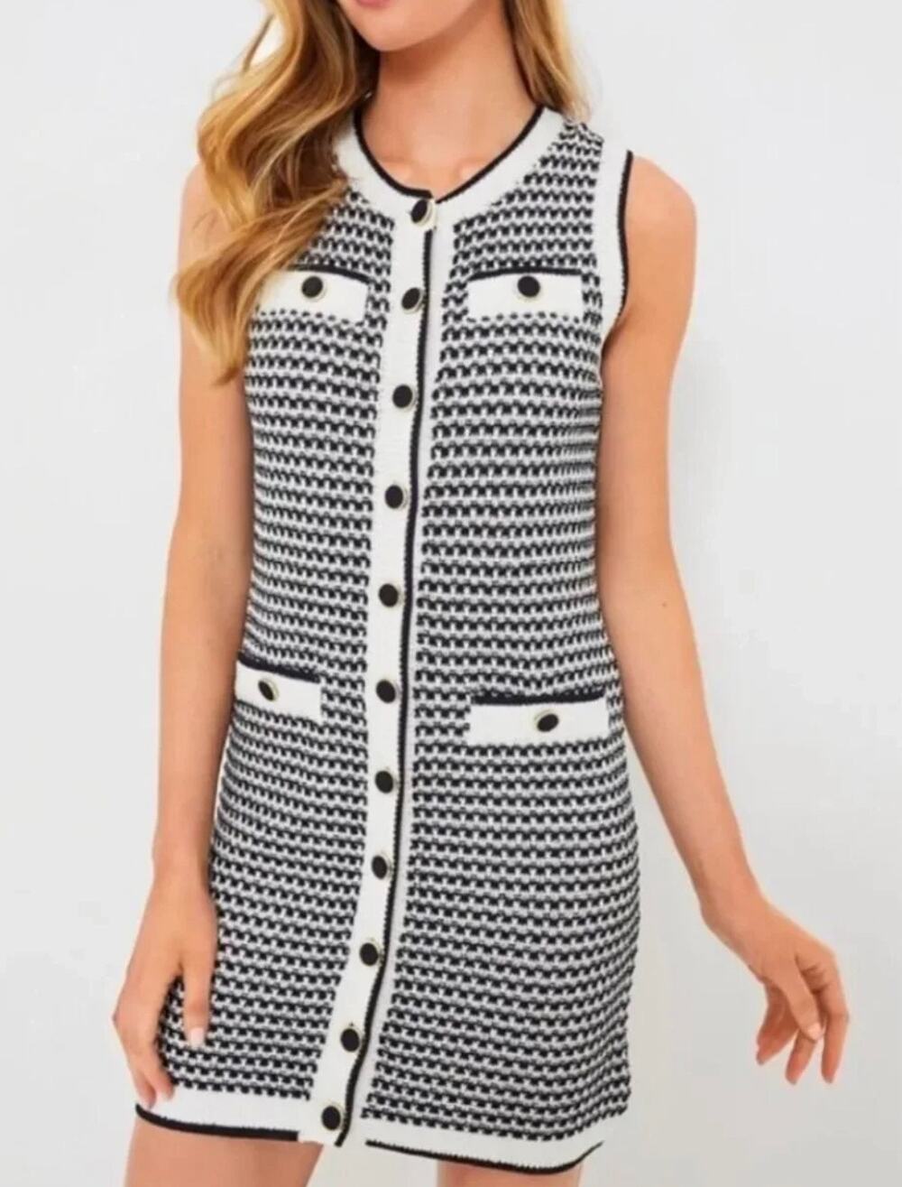 NWT Pomander Place Black & White Textured Knit Button-Front Sweater Dress XL